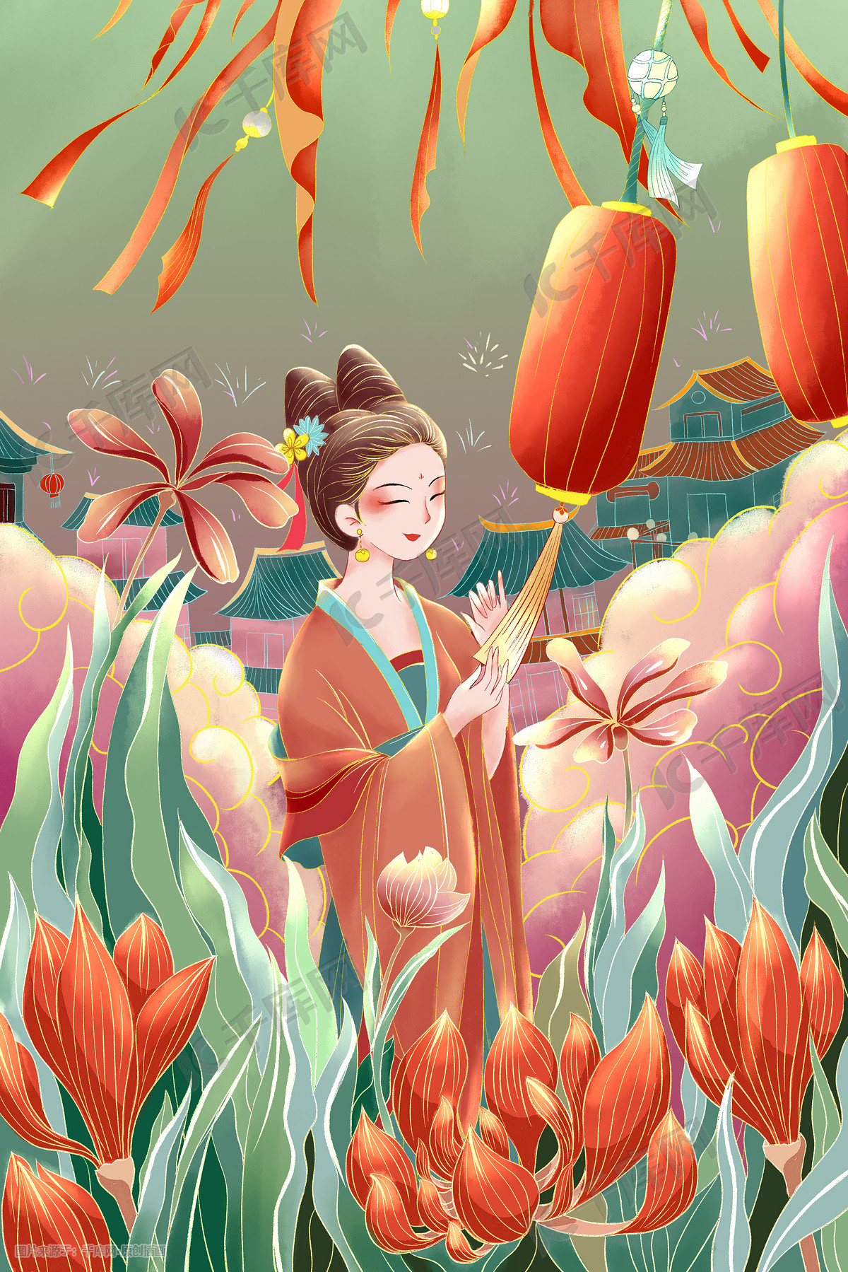 元宵观灯的古风女子手绘插画