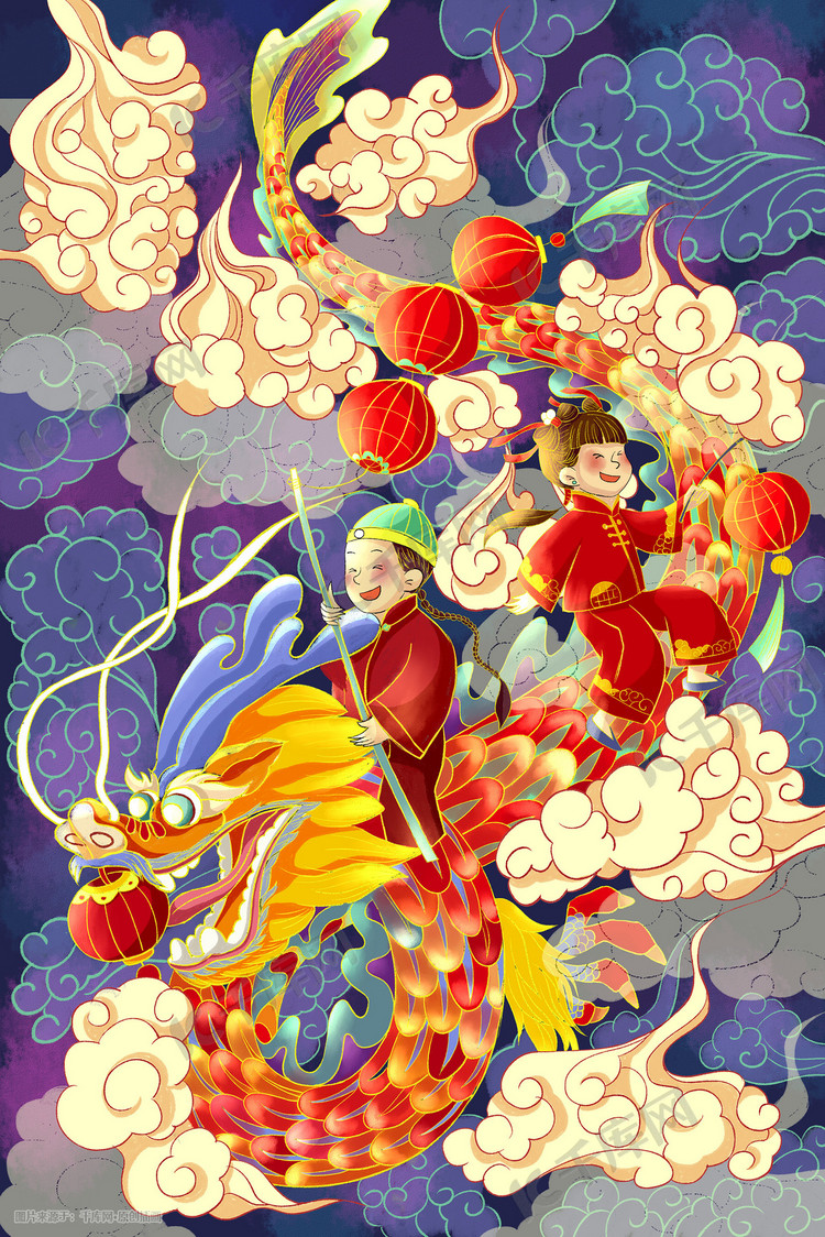 新年春节元宵节元宵龙戏灯手绘插画龙年