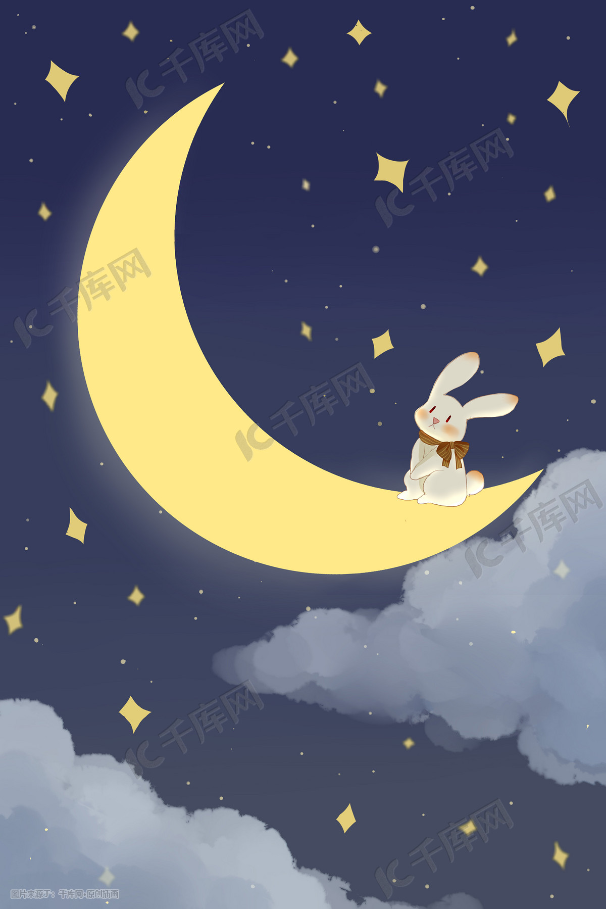 治愈晚安兔子弯月星空夜空梦幻唯美可爱插画图片 千库网 插画id