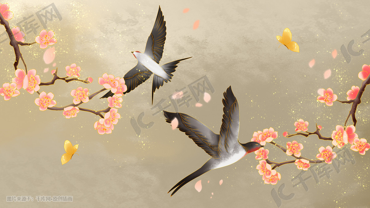 中国风国潮惊蛰勾线梅花燕子插画图片-千库网