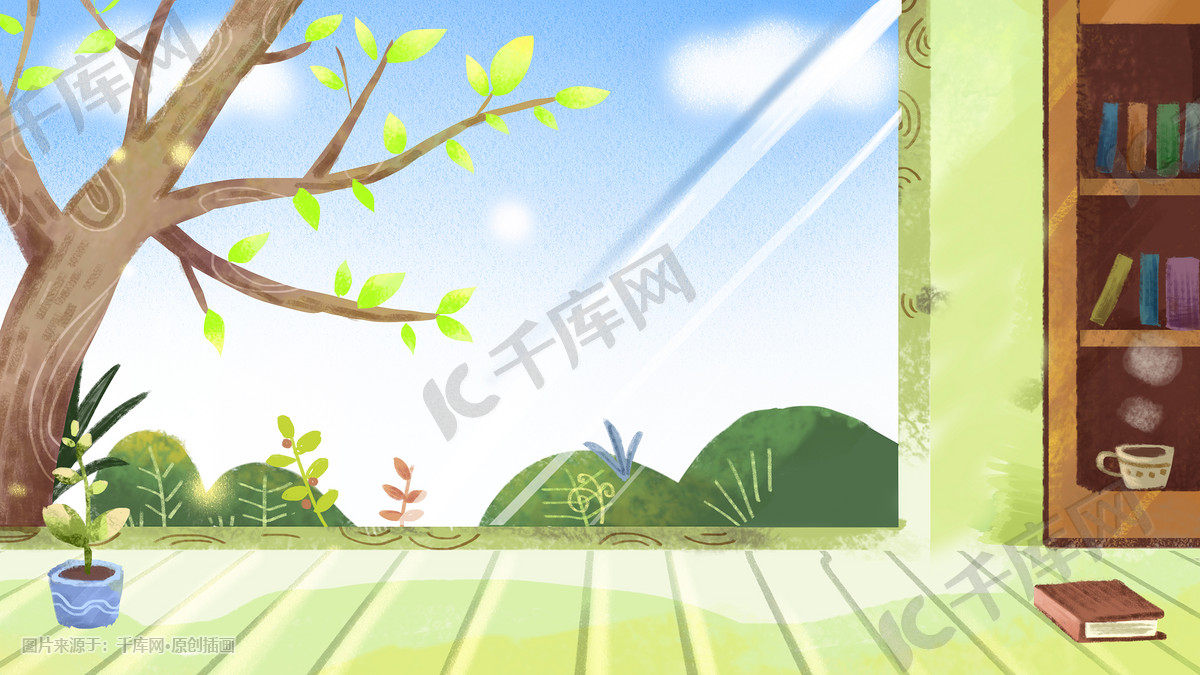 窗外绿色春天背景家里住宅植物插画图片 千库网 插画id