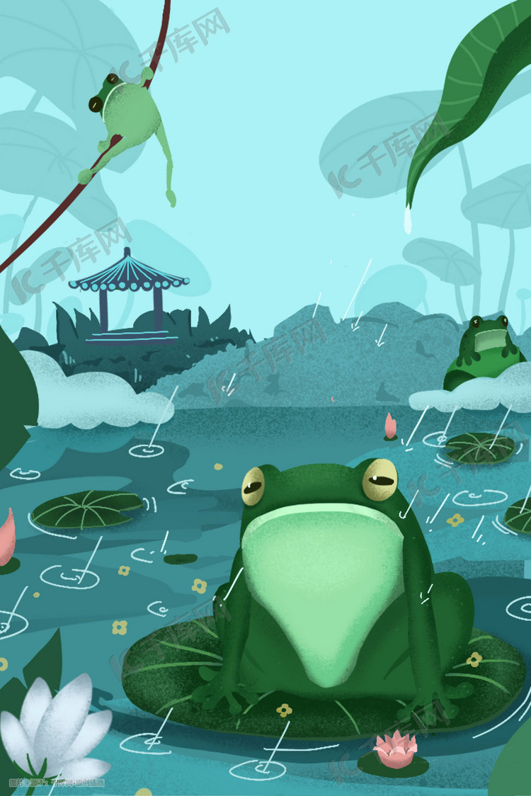 绿色小清新池塘荷花青蛙雨天景色
