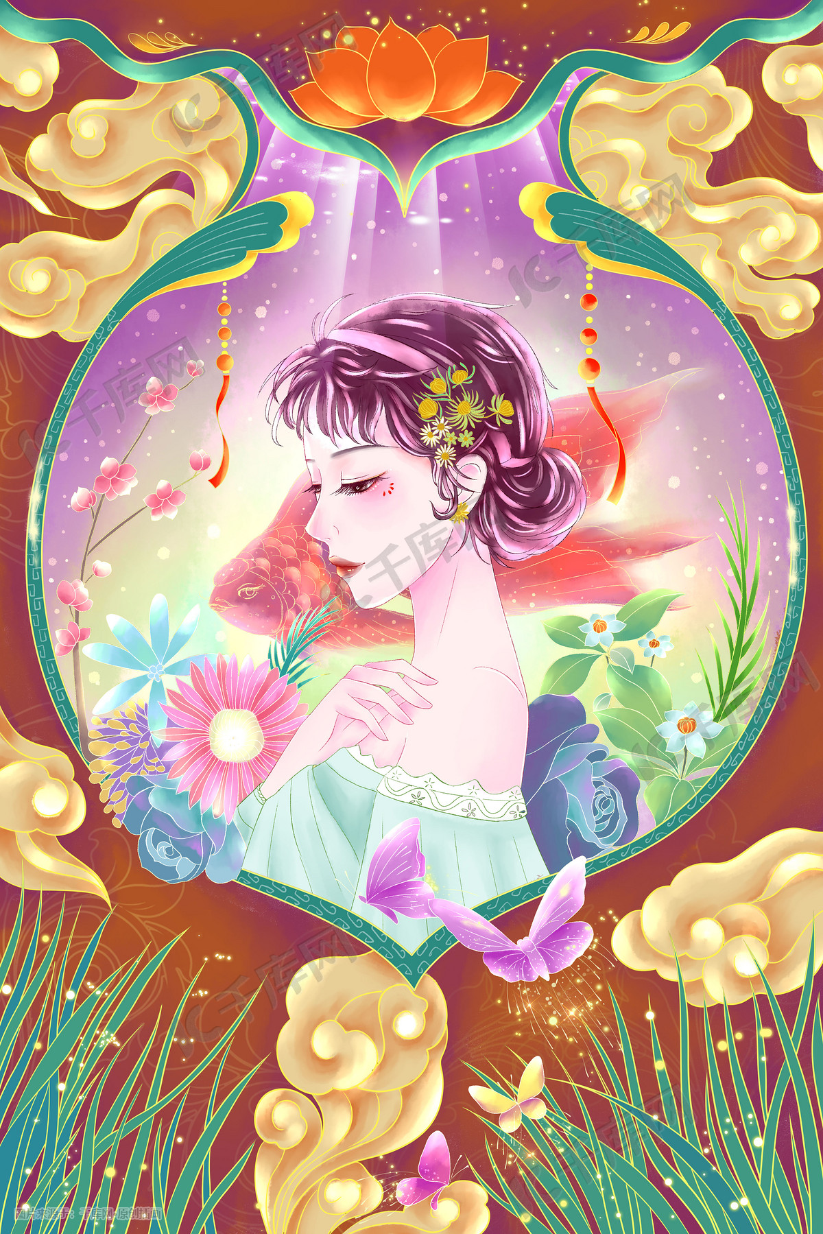 女神节鲜花女神手绘插画