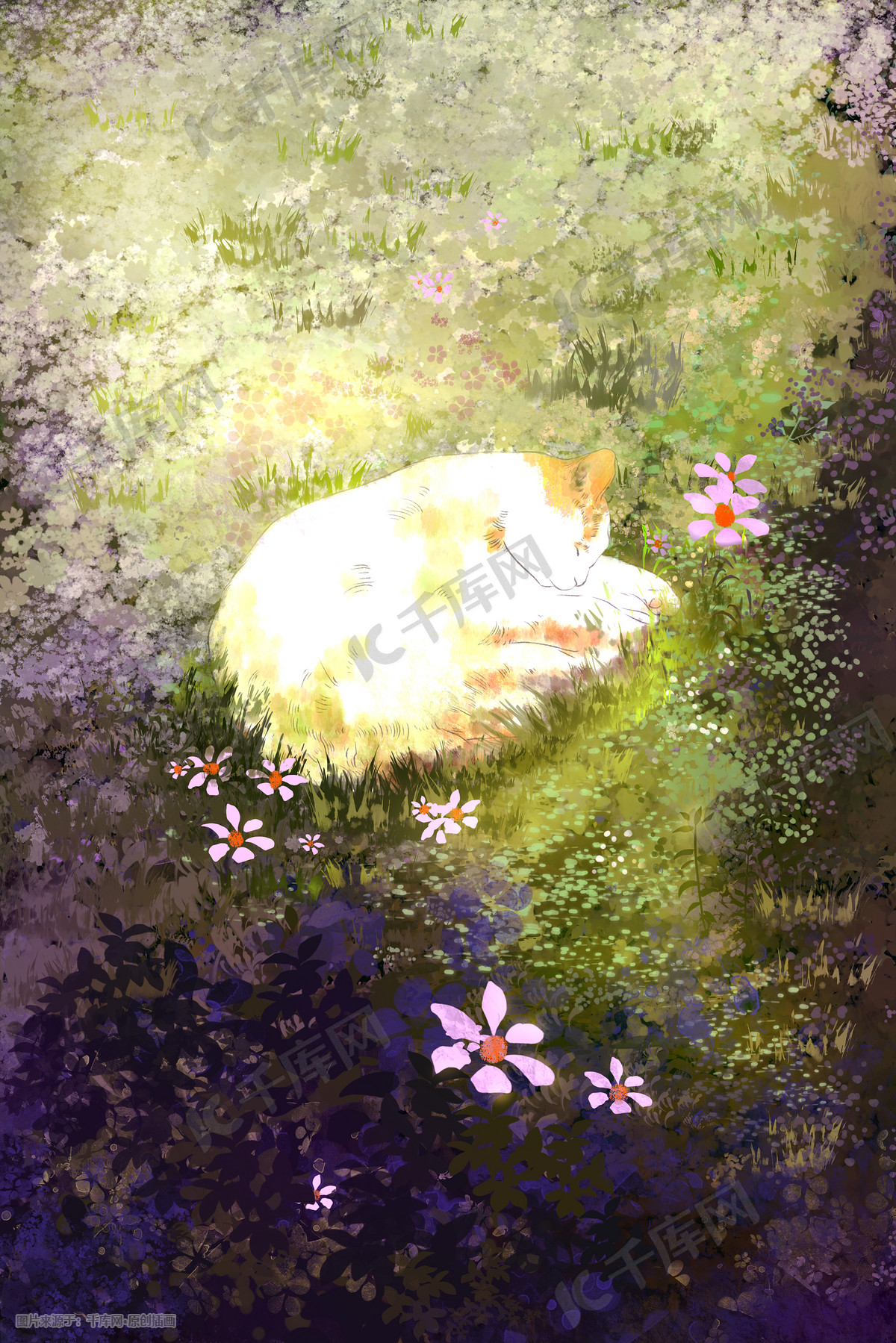 花海猫咪治愈唯美插画图片 千库网 插画id 755