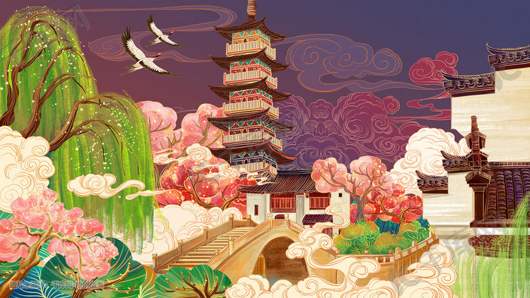 国潮春天苏州园林风景插画