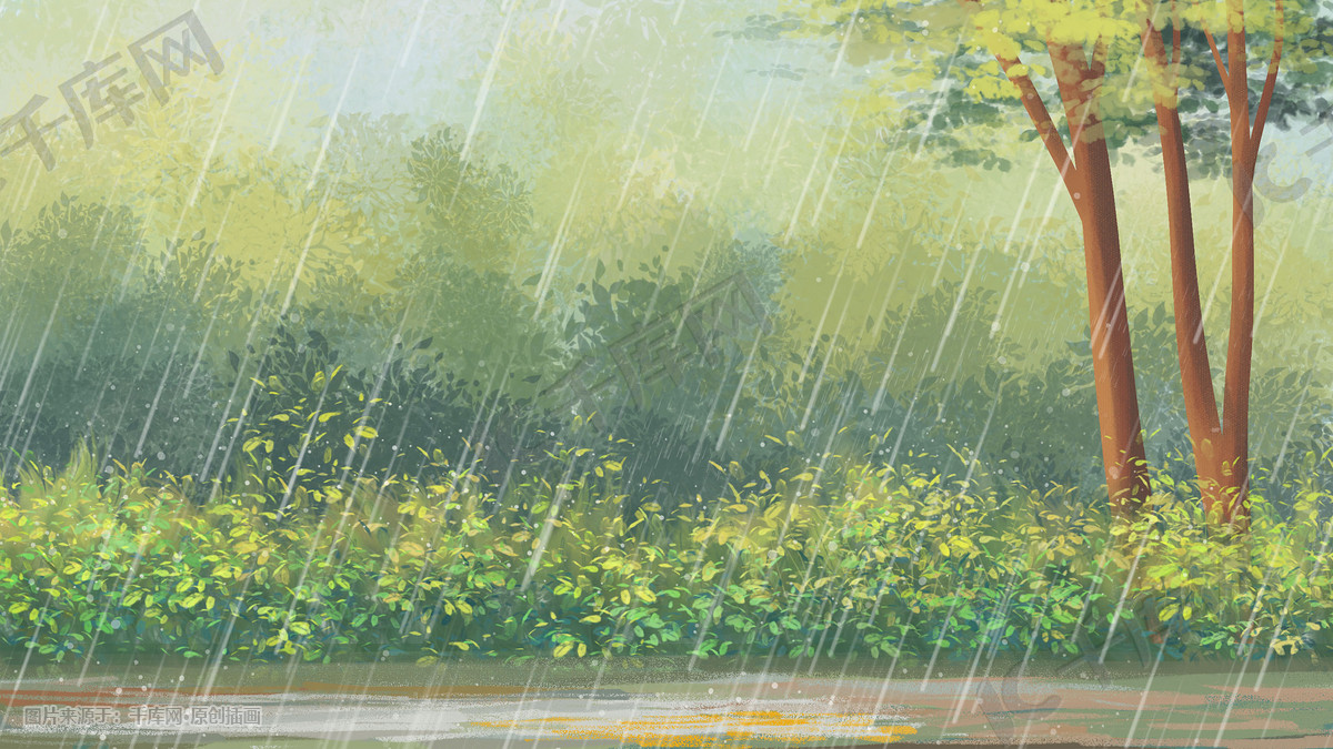 春天绿色小清新下雨治愈景色插画图片 千库网 插画id
