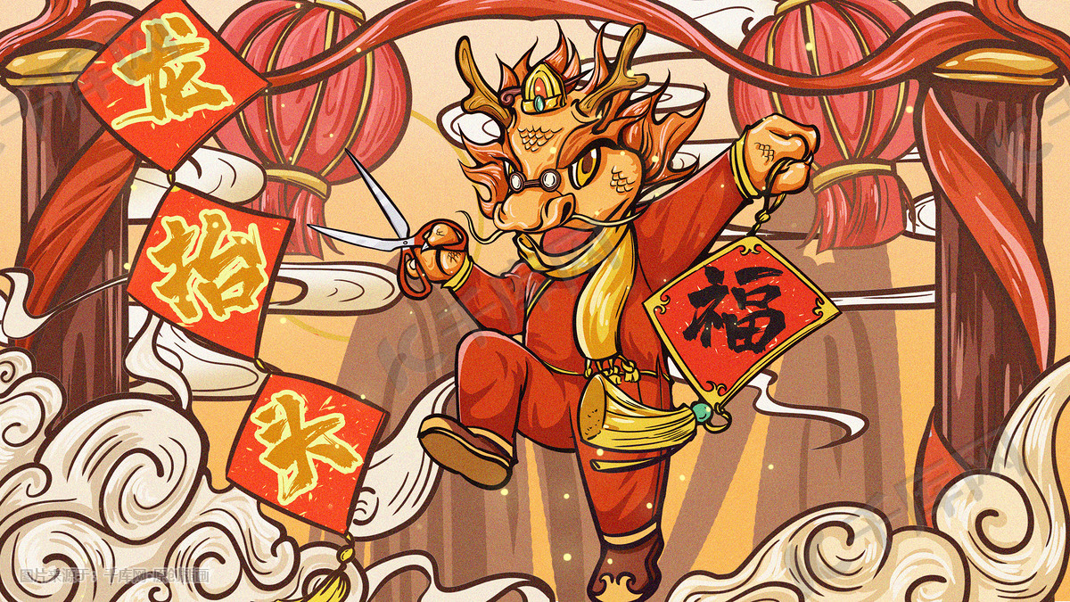 红色龙抬头国潮风格传统节日新年喜庆插画图片-千库网