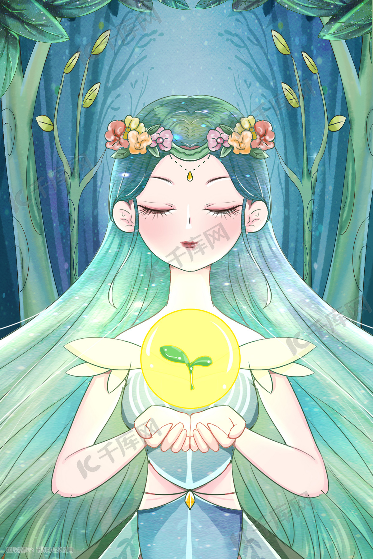 手绘春天精灵植物树苗希望插画图片-千库网