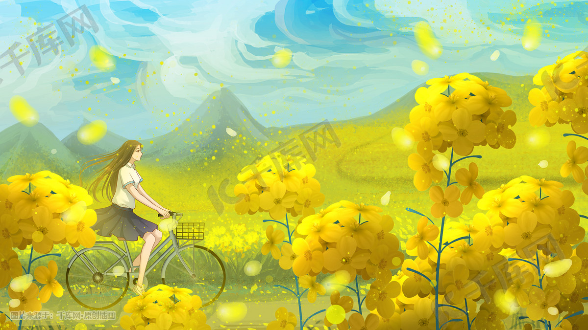 春天油菜花单车风景花海插画图片 千库网 插画id