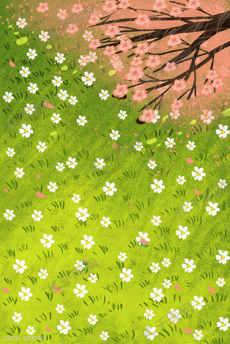 春天治愈小清新草地樱花花海风景插画图片-千库网