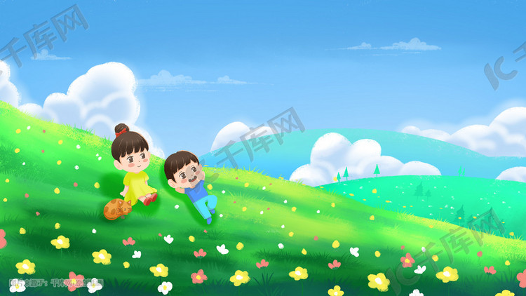 暖暖的夏天男孩女孩与猫在草地歇息治愈插画