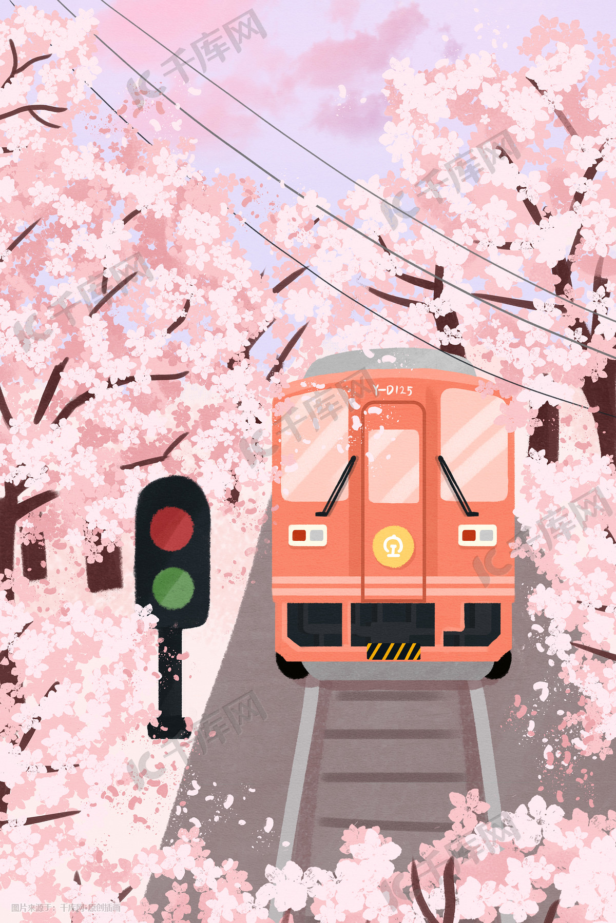 春天樱花盛开唯美治愈列车粉色背景