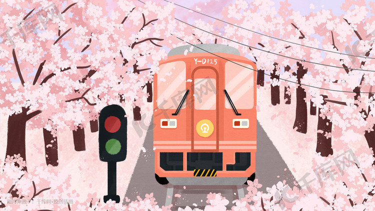 春天樱花盛开唯美治愈列车粉色背景花朵花