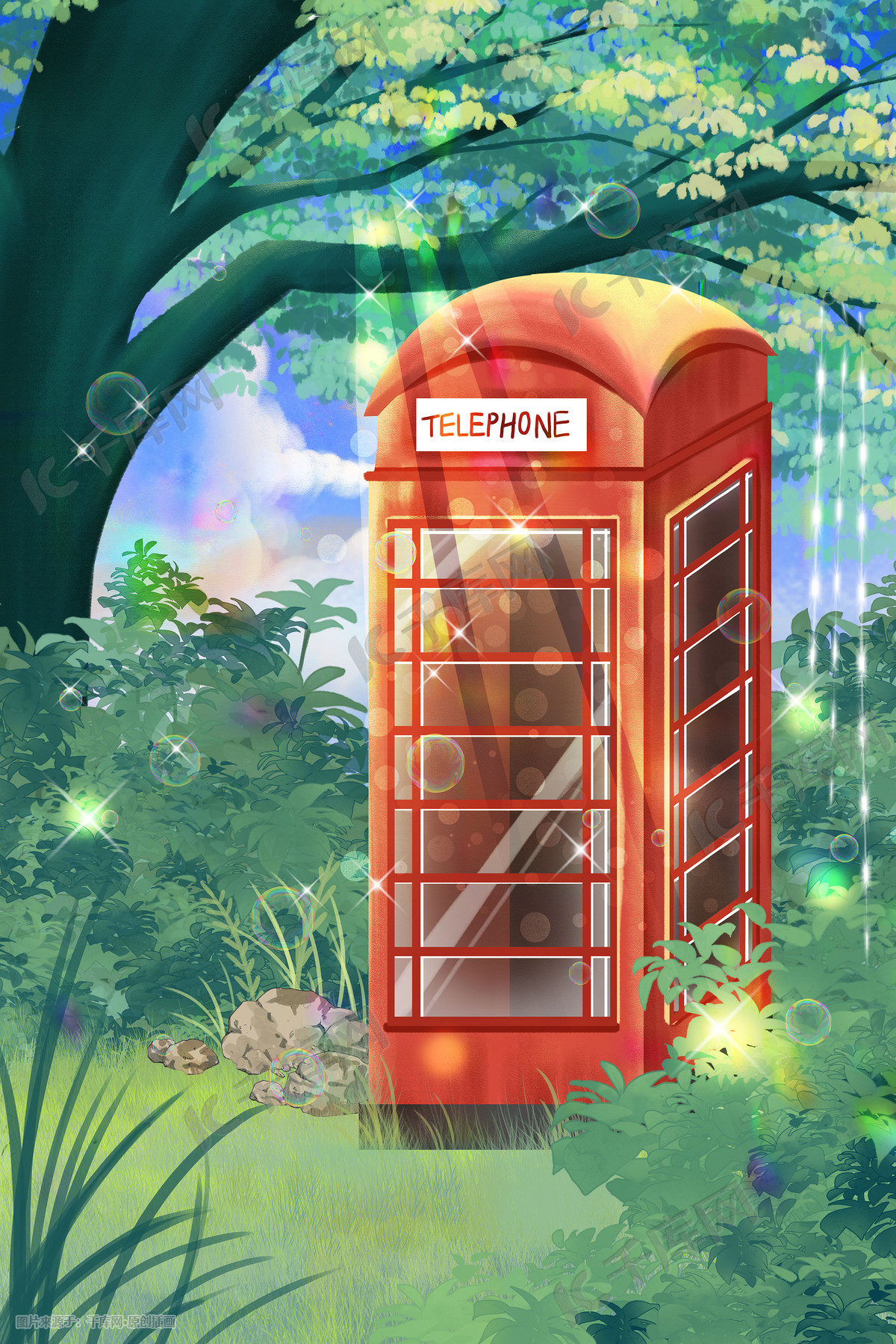 春季春天绿色植物电话亭插画图片-千库网