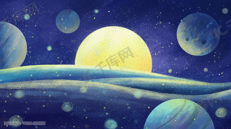 蓝色星空治愈星球月亮星星唯美场景