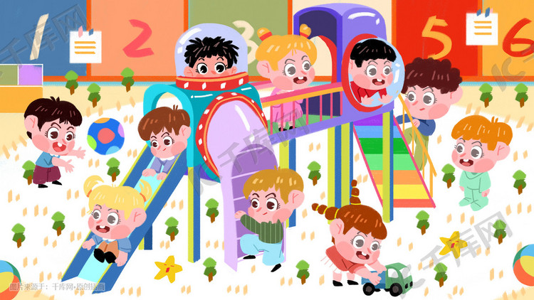 六一儿童节幼儿园幼稚园小朋友玩游戏插画六一