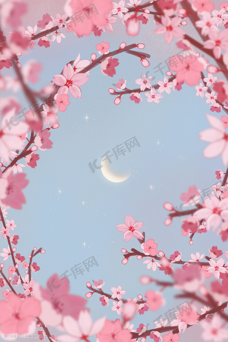 粉色樱花林上的月亮花朵花
