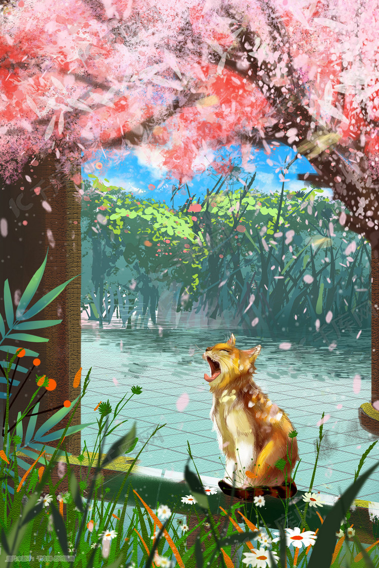 樱花下的猫咪日系风治愈清新花朵花