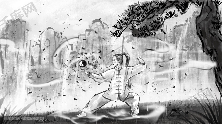中国风水墨武侠古风黑白色太极拳竖图二插画图片-千库网