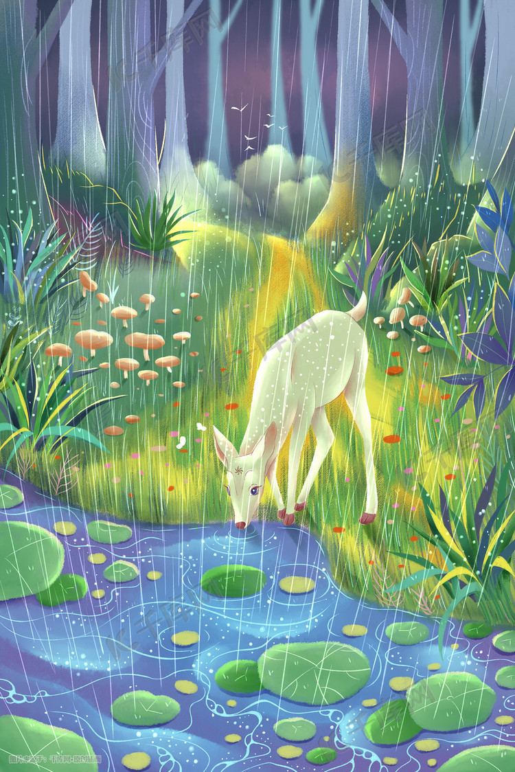 春天谷雨雨中森林里的鹿手绘插画