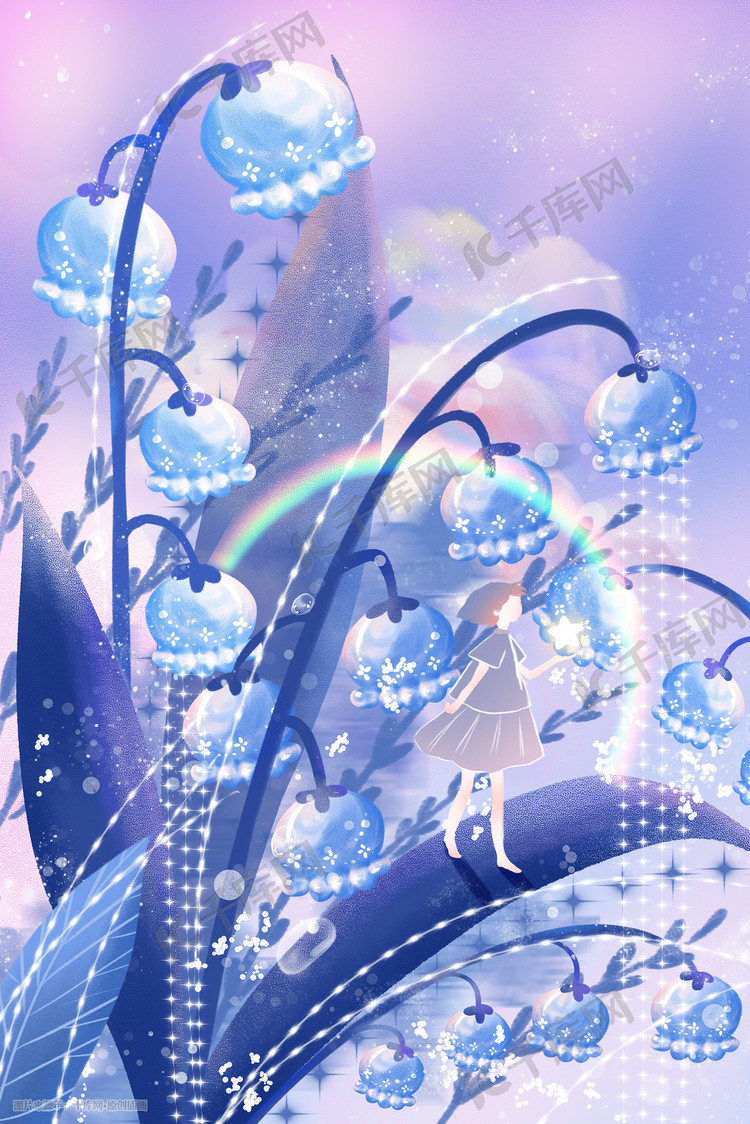 蓝色紫色兰花女孩梦幻背景插画图片-千库网