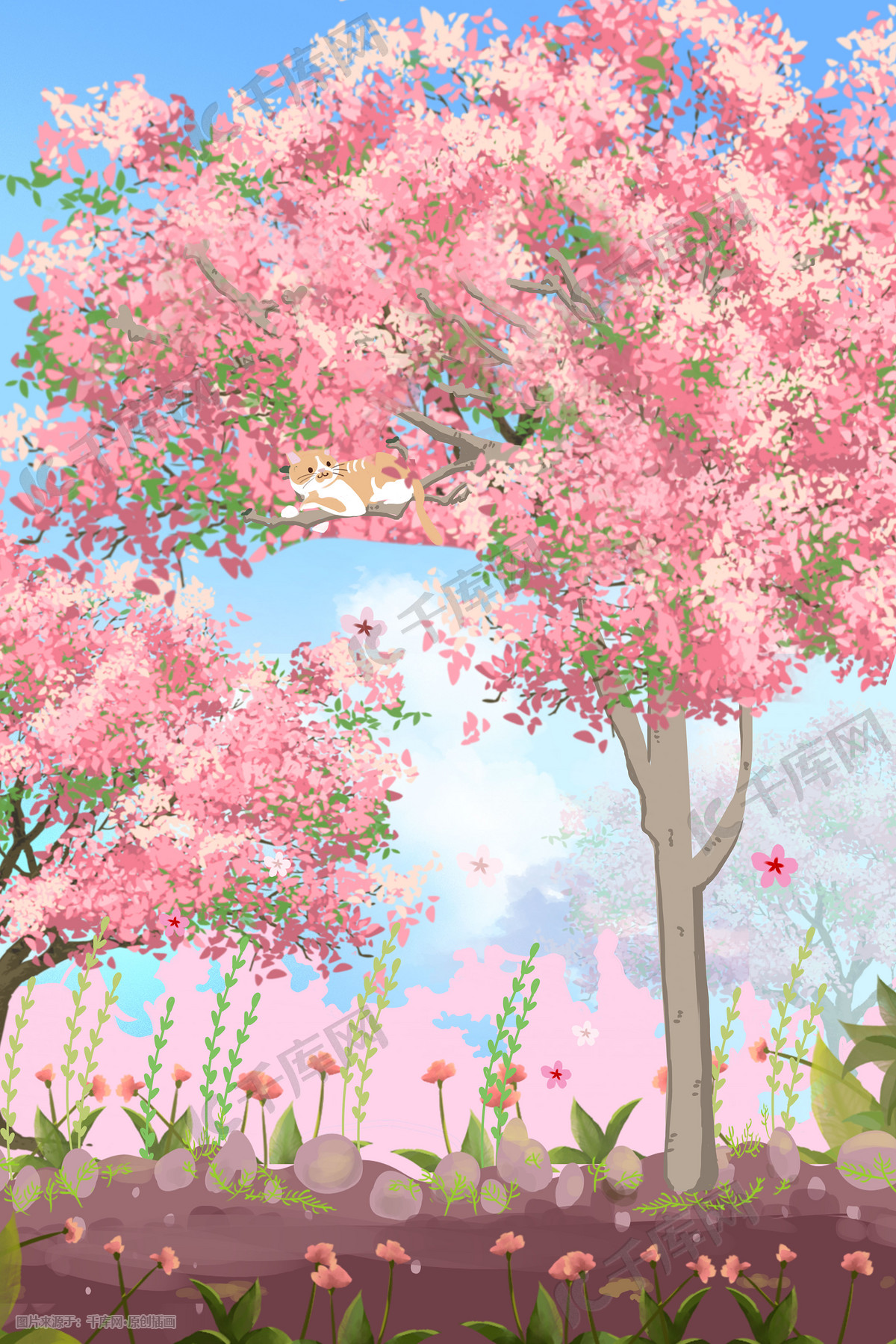 春天粉色浪漫小清新樱花植物治愈景色花朵花插画图片 千库网 插画id