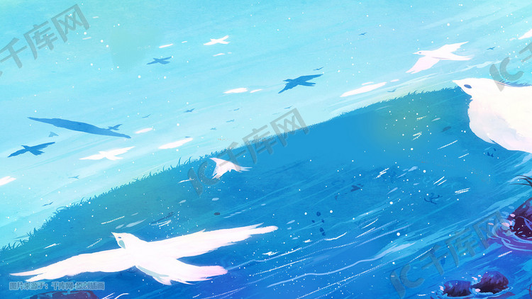 夏天海边蓝色小清新海鸥唯美治愈景色