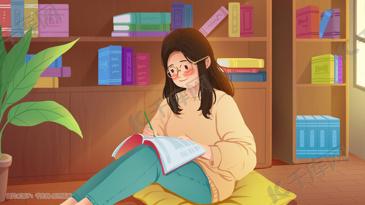 图书馆世界读书日读书学习教育书本看书女孩插画图片-千库网