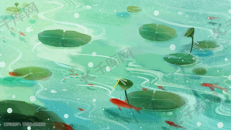 夏天绿色池塘荷叶金鱼波纹小清新景色
