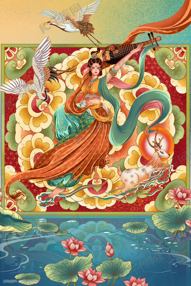 敦煌飞天反弹琵琶插画图片-千库网