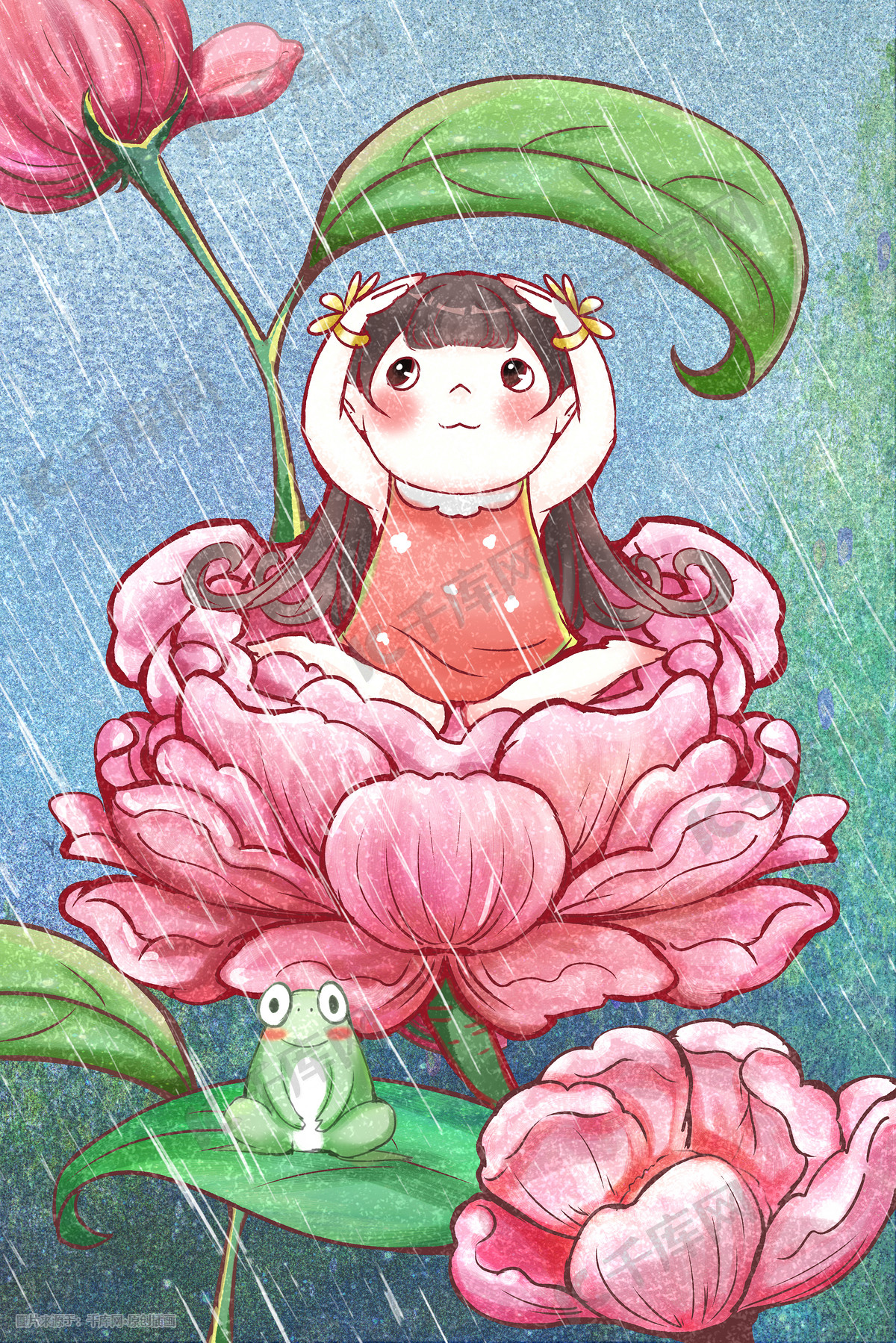 手绘谷雨节气下雨天女孩插画图片-千库网