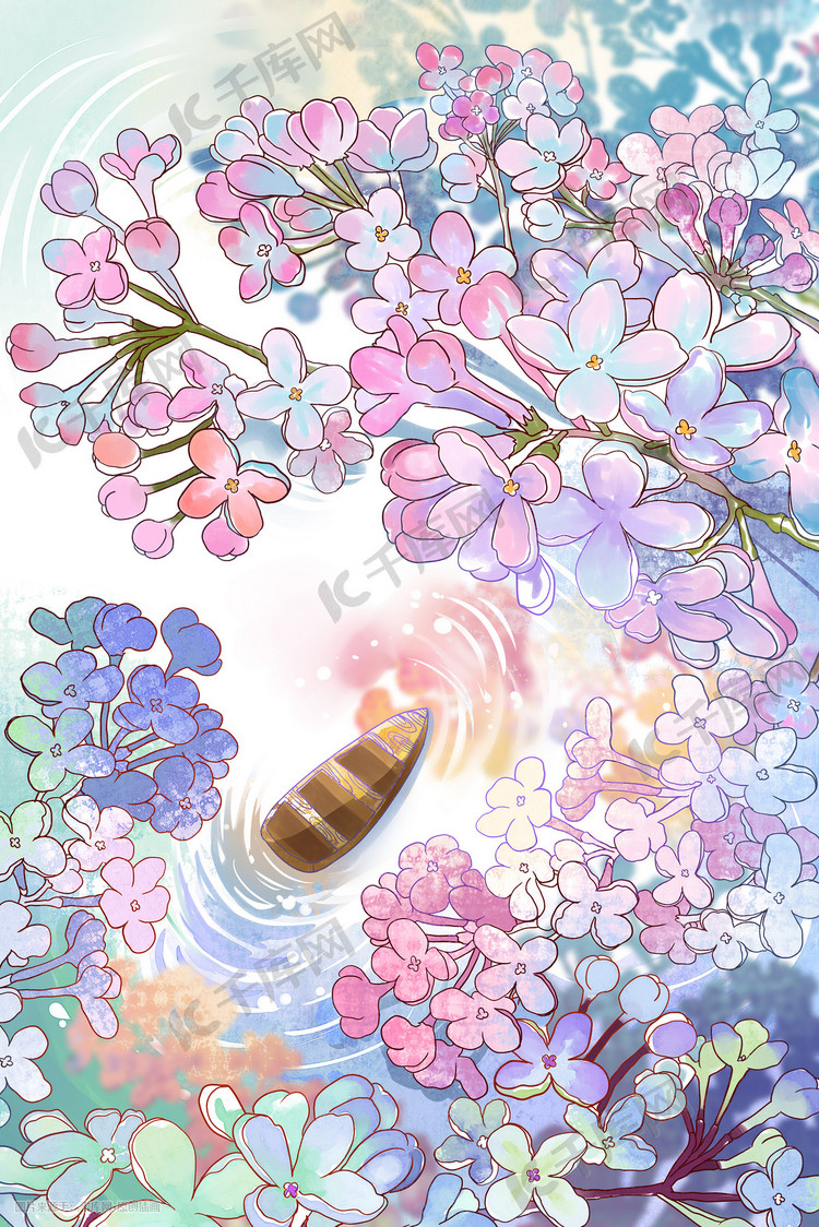 春天花朵花夏天花海小船插画水彩