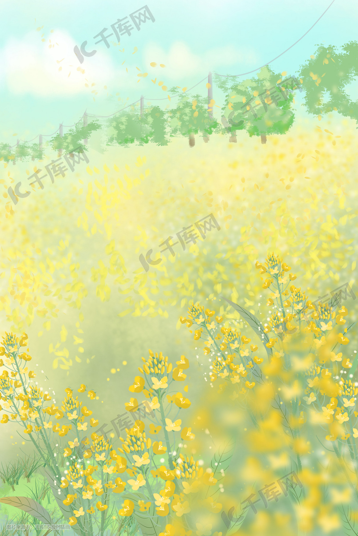 油菜花春天田园植物景色浪漫小清新插画图片 千库网 插画id