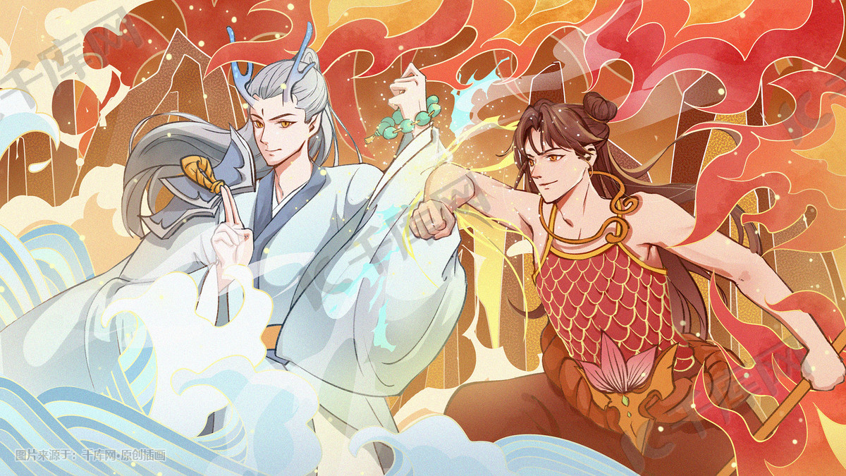 红色蓝色国潮手绘人物中国神话哪吒龙太子