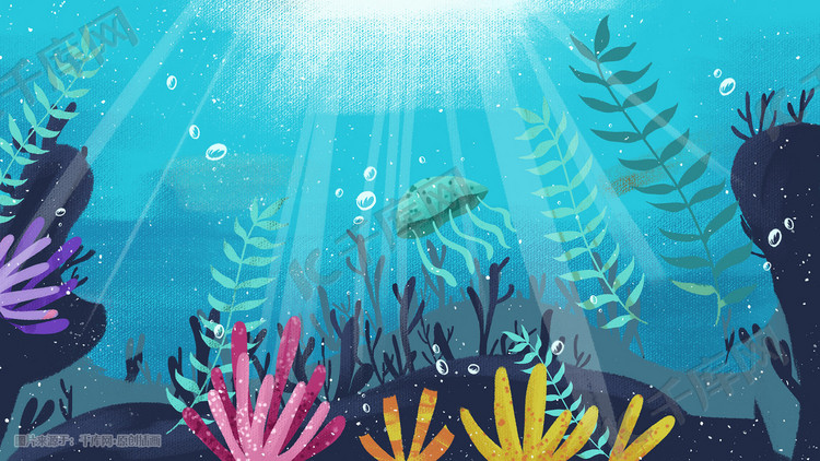 夏日蓝色小清新海洋水草水母海底植物景色