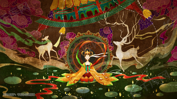 敦煌神鹿仕女复古壁画手绘插画