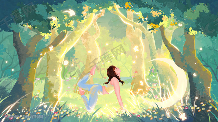 夏天森林里做瑜伽的女孩儿
