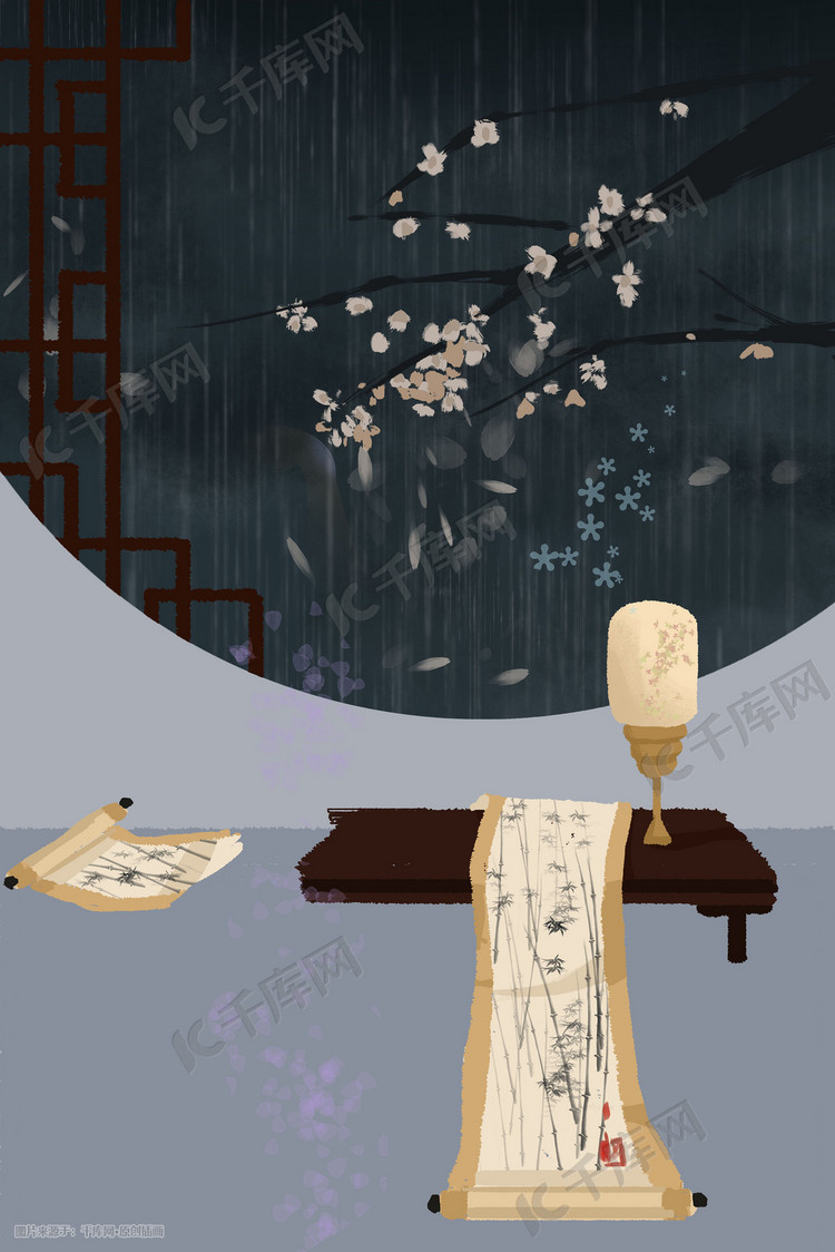 24节气雨水降雨民国风复古创意插画