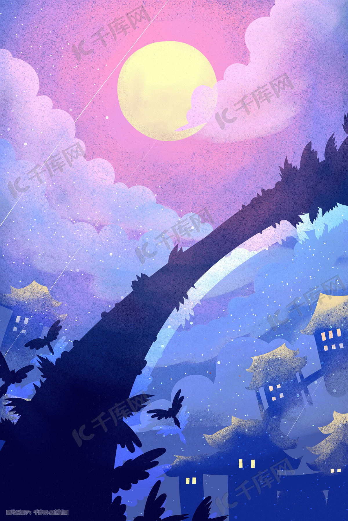 浪漫爱情七夕夜空月亮约会唯美插画图片 千库网 插画id