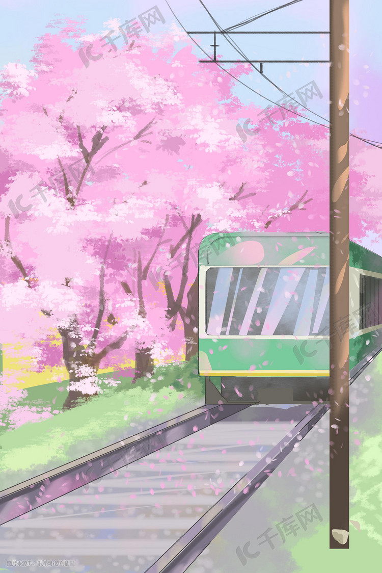 春天铁路货车旅游旅行唯美三月樱花绽放花朵花