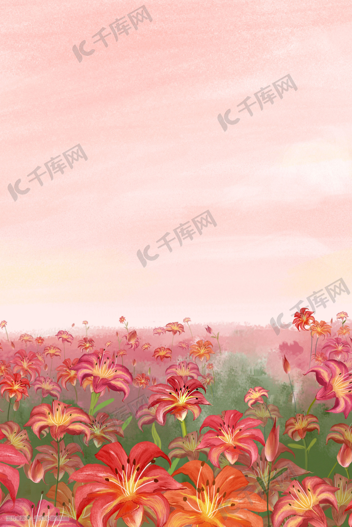 粉色小清新唯美花海治愈花朵夏天景色插画图片 千库网 插画id