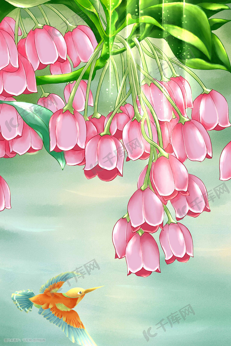 春天景色花鸟美景手绘插画