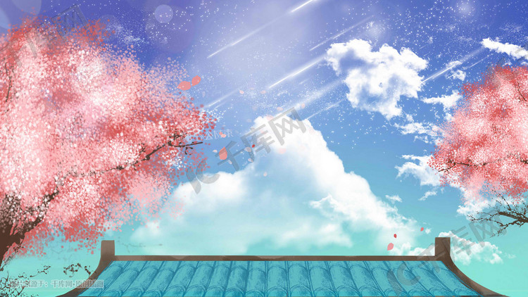 屋顶风景天空蓝天云樱花背景花朵花