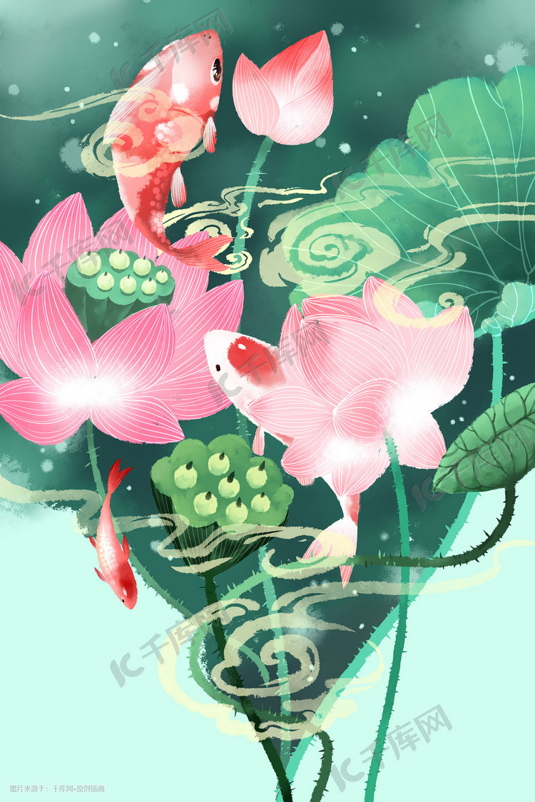 小清新绿色池塘荷花荷叶金鱼唯美景色插画图片-千库网