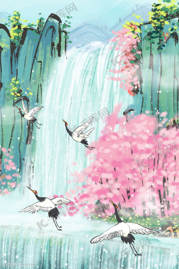 水墨中国风古风之瀑布风景花朵花