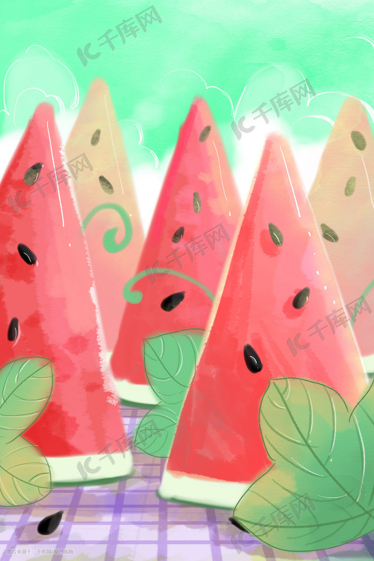 创意夏天西瓜田唯美可爱小清新插画