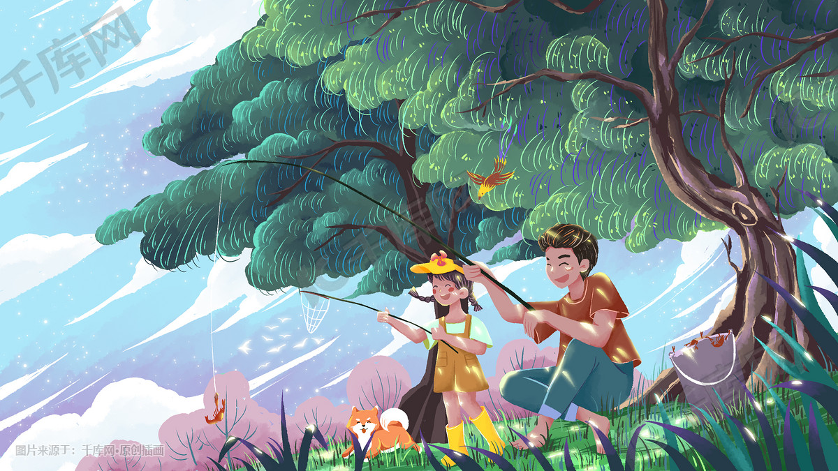 父亲节亲子时光钓龙虾手绘插画