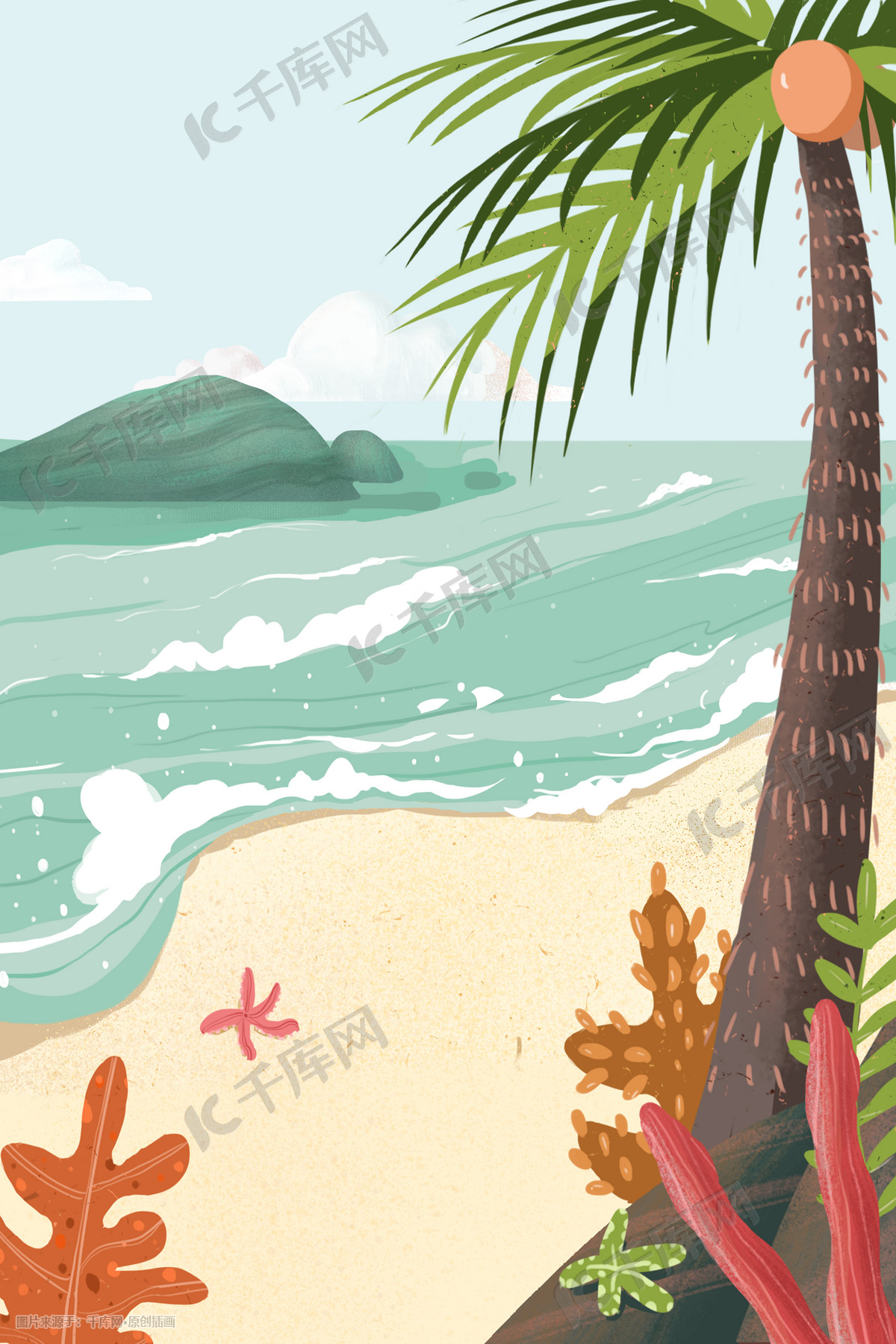 大海 棕榈树 海滩 沙滩 帆船 动漫插图风景5k壁纸_图片编号335142-壁纸网