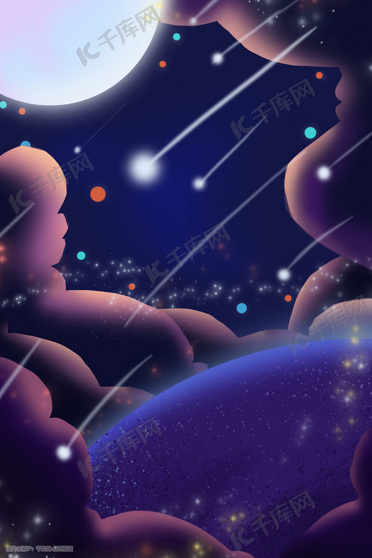 小清新蓝色星球治愈卡通月亮梦幻手绘插画图片-千库网