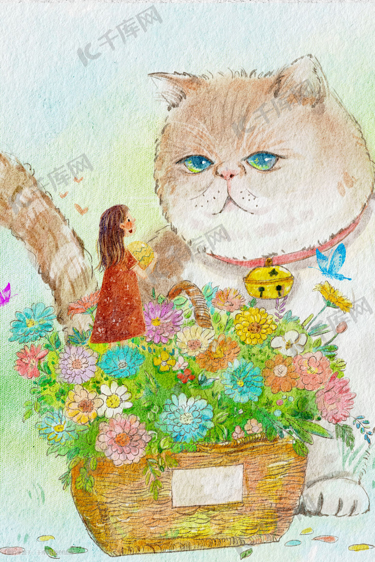 水彩主题之猫与花治愈系场景插画图片-千库网